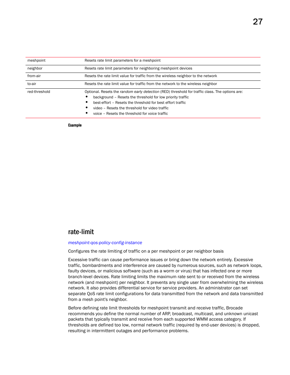 Rate-limit | Brocade Mobility RFS Controller CLI Reference Guide (Supporting software release 5.5.0.0 and later) User Manual | Page 1295 / 1355