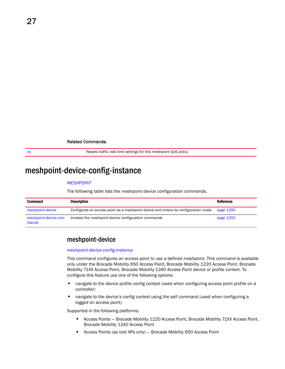 Meshpoint-device-config-instance, Meshpoint-device | Brocade Mobility RFS Controller CLI Reference Guide (Supporting software release 5.5.0.0 and later) User Manual | Page 1298 / 1355