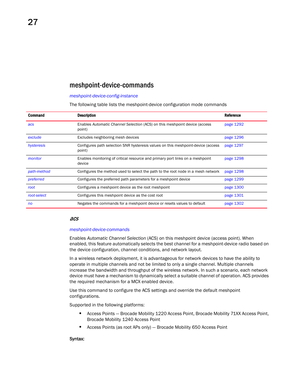 Meshpoint-device-commands, Meshpoint-device-com mands | Brocade Mobility RFS Controller CLI Reference Guide (Supporting software release 5.5.0.0 and later) User Manual | Page 1300 / 1355