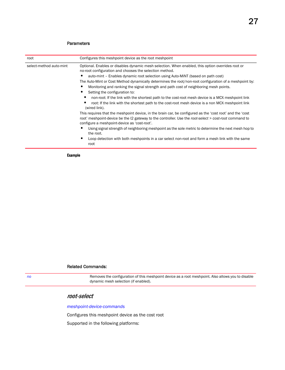 Root-select | Brocade Mobility RFS Controller CLI Reference Guide (Supporting software release 5.5.0.0 and later) User Manual | Page 1309 / 1355