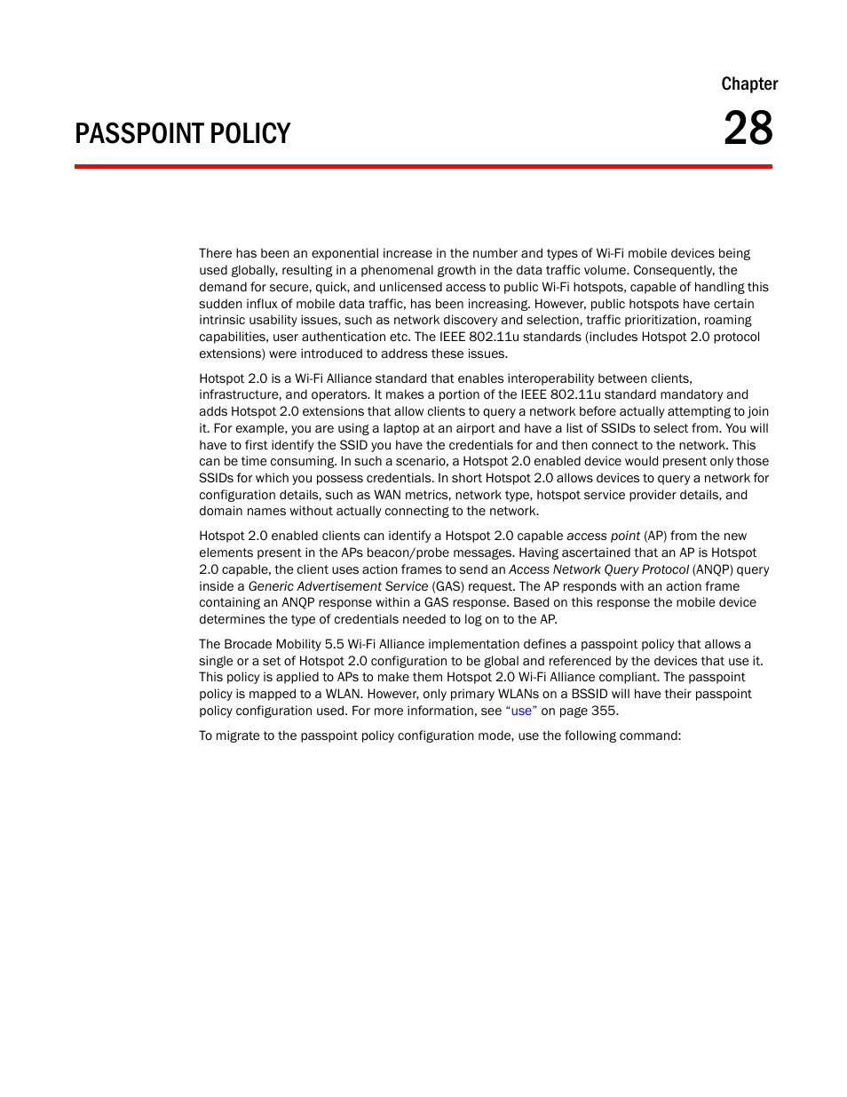 Passpoint policy, Chapter 28, Chapter 28, passpoint policy | Chapter | Brocade Mobility RFS Controller CLI Reference Guide (Supporting software release 5.5.0.0 and later) User Manual | Page 1313 / 1355