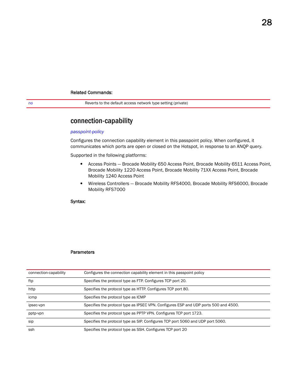 Connection-capability | Brocade Mobility RFS Controller CLI Reference Guide (Supporting software release 5.5.0.0 and later) User Manual | Page 1317 / 1355