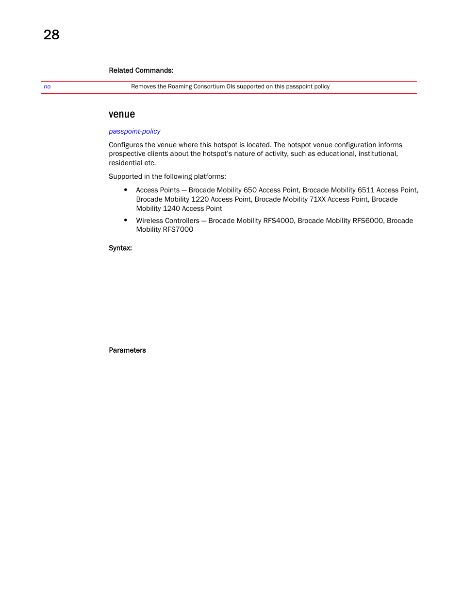 Venue | Brocade Mobility RFS Controller CLI Reference Guide (Supporting software release 5.5.0.0 and later) User Manual | Page 1330 / 1355