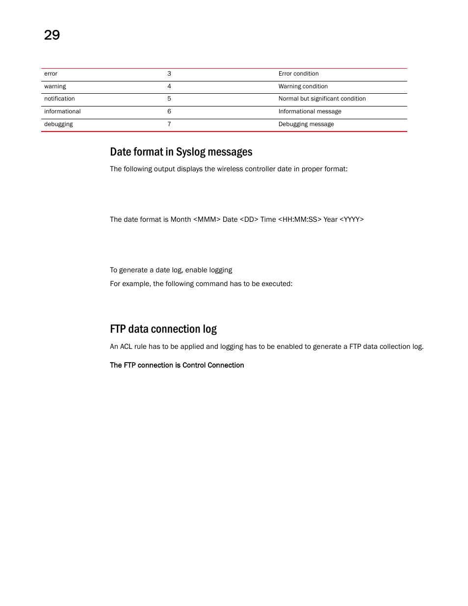 Date format in syslog messages, Ftp data connection log | Brocade Mobility RFS Controller CLI Reference Guide (Supporting software release 5.5.0.0 and later) User Manual | Page 1336 / 1355