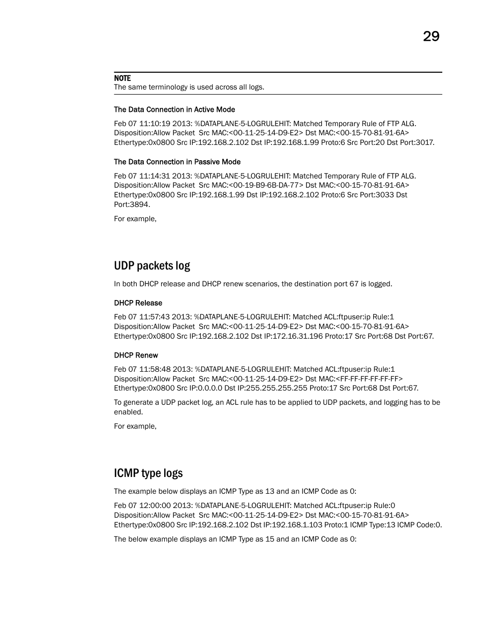 Udp packets log, Icmp type logs | Brocade Mobility RFS Controller CLI Reference Guide (Supporting software release 5.5.0.0 and later) User Manual | Page 1337 / 1355