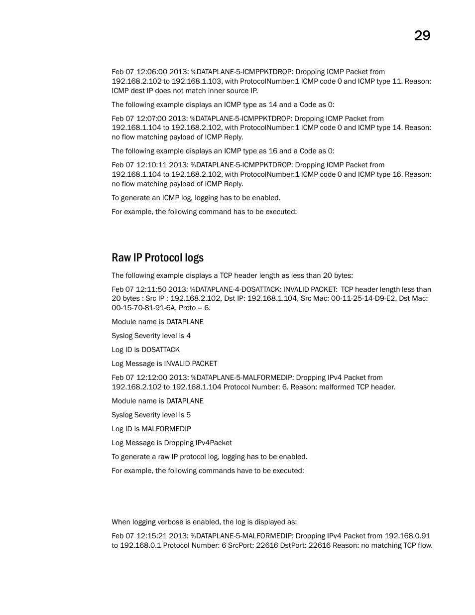 Raw ip protocol logs | Brocade Mobility RFS Controller CLI Reference Guide (Supporting software release 5.5.0.0 and later) User Manual | Page 1339 / 1355