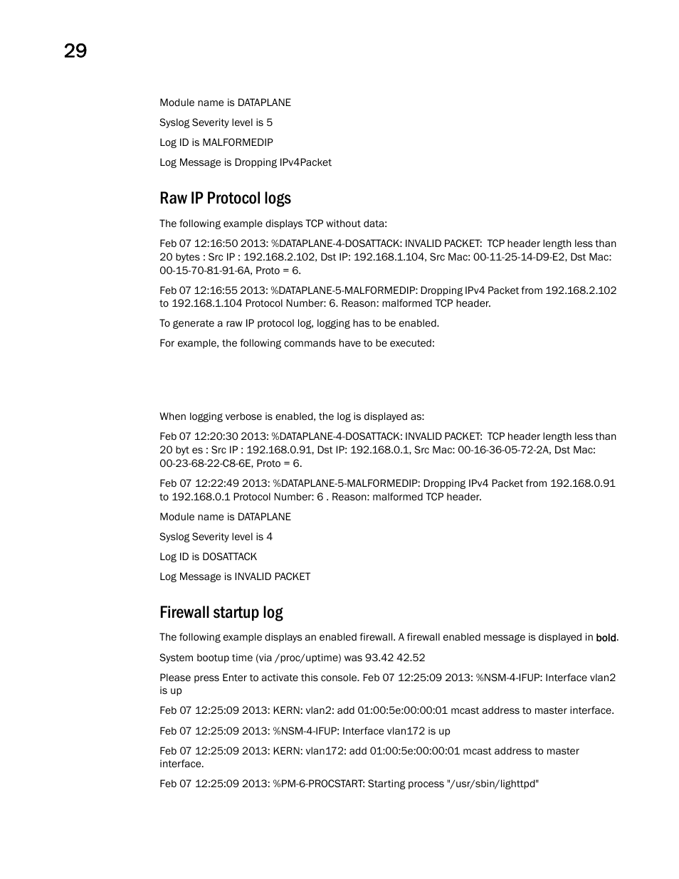 Raw ip protocol logs, Firewall startup log | Brocade Mobility RFS Controller CLI Reference Guide (Supporting software release 5.5.0.0 and later) User Manual | Page 1340 / 1355