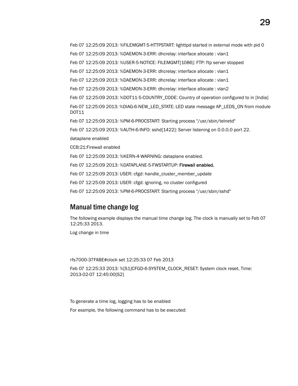 Manual time change log | Brocade Mobility RFS Controller CLI Reference Guide (Supporting software release 5.5.0.0 and later) User Manual | Page 1341 / 1355