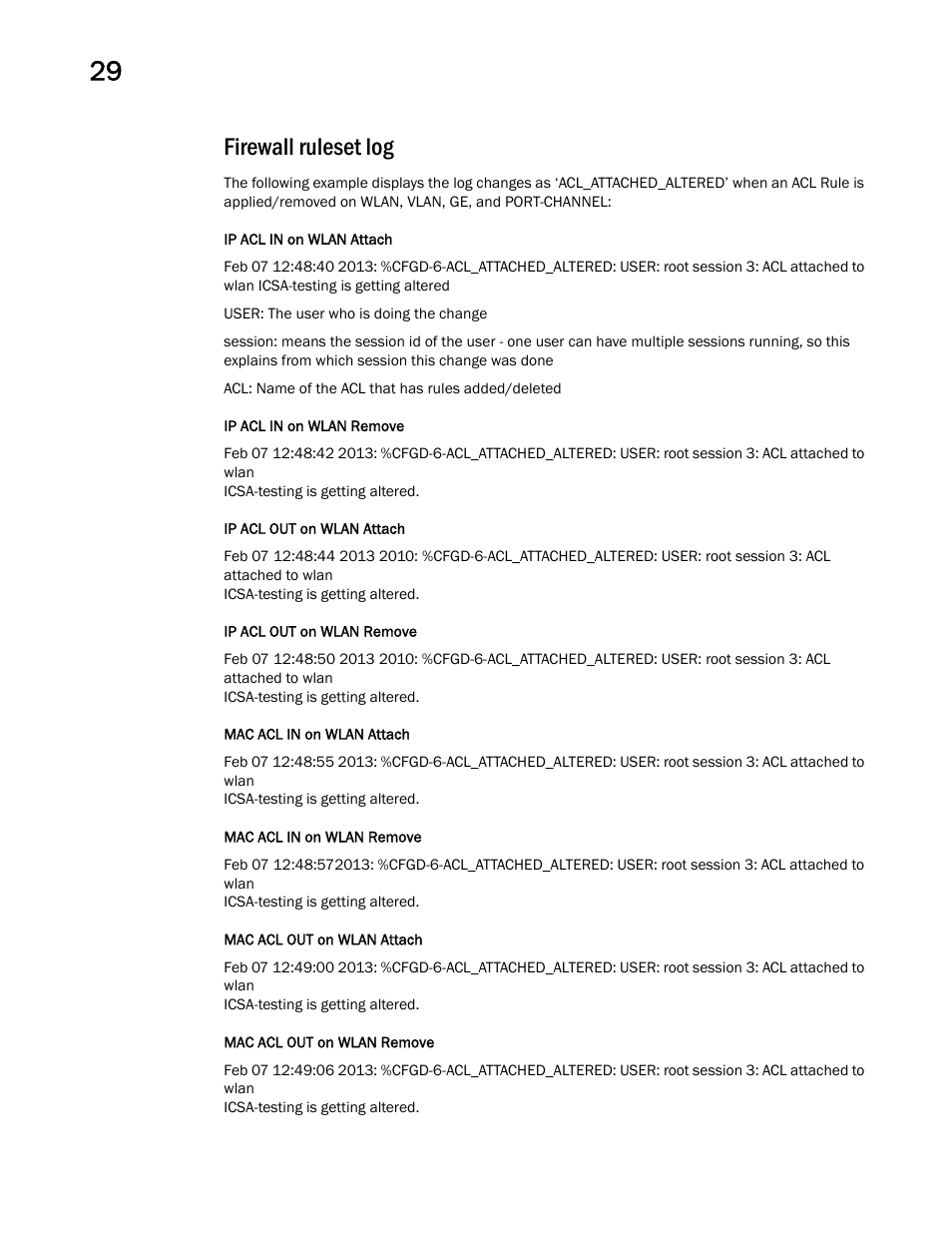 Firewall ruleset log | Brocade Mobility RFS Controller CLI Reference Guide (Supporting software release 5.5.0.0 and later) User Manual | Page 1342 / 1355