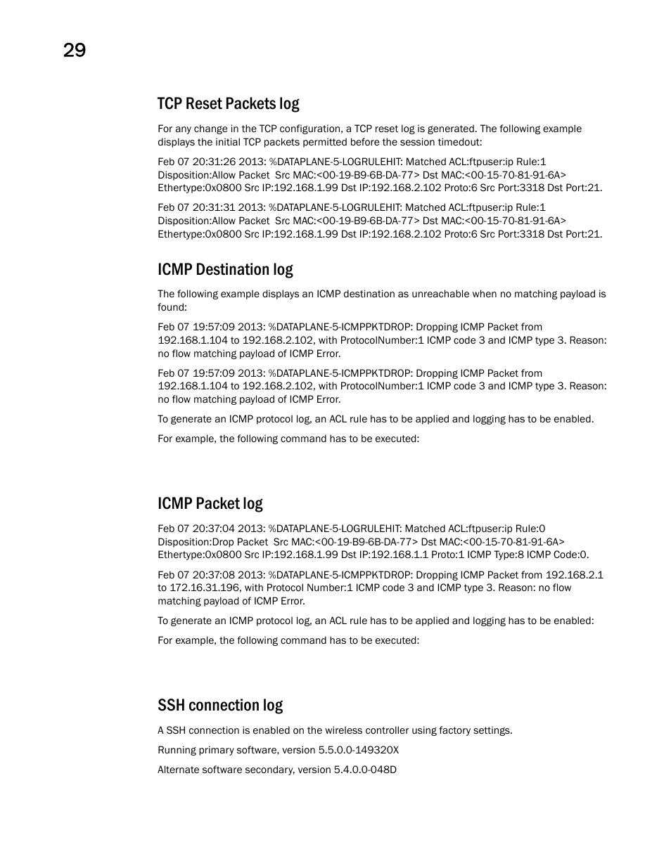 Tcp reset packets log, Icmp destination log, Icmp packet log | Ssh connection log | Brocade Mobility RFS Controller CLI Reference Guide (Supporting software release 5.5.0.0 and later) User Manual | Page 1344 / 1355