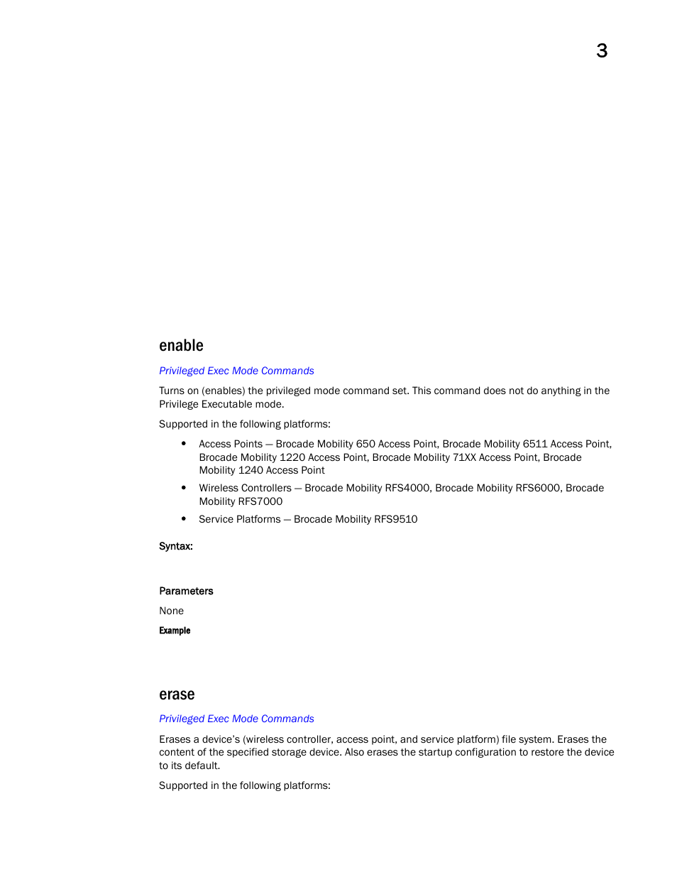 Enable, Erase | Brocade Mobility RFS Controller CLI Reference Guide (Supporting software release 5.5.0.0 and later) User Manual | Page 136 / 1355