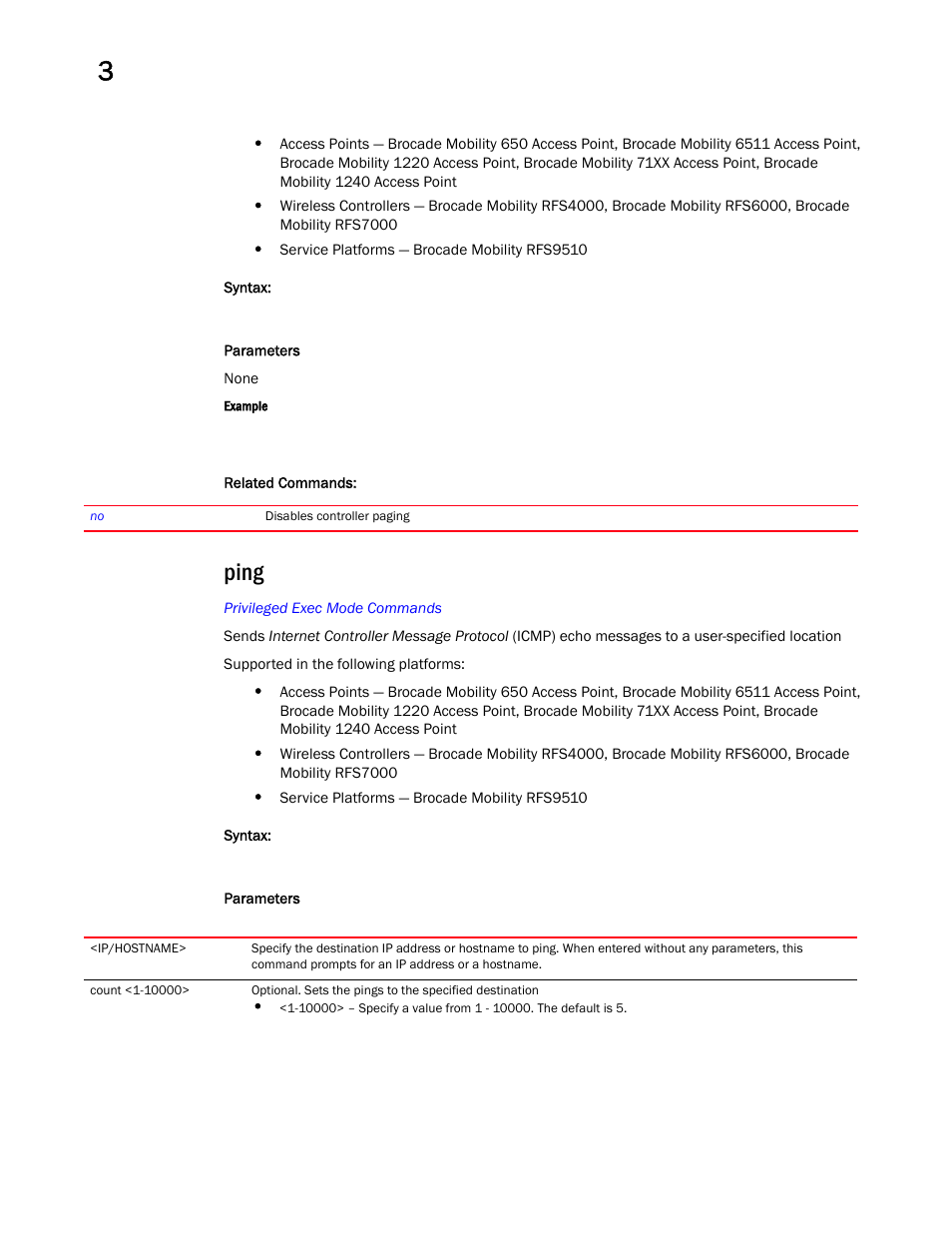 Ping | Brocade Mobility RFS Controller CLI Reference Guide (Supporting software release 5.5.0.0 and later) User Manual | Page 149 / 1355