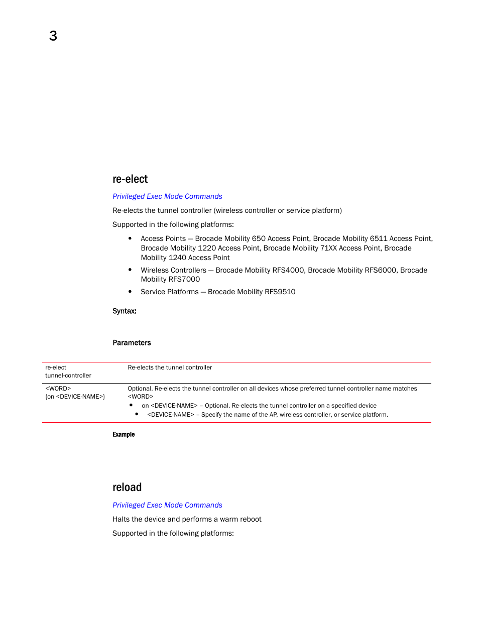 Re-elect, Reload | Brocade Mobility RFS Controller CLI Reference Guide (Supporting software release 5.5.0.0 and later) User Manual | Page 151 / 1355