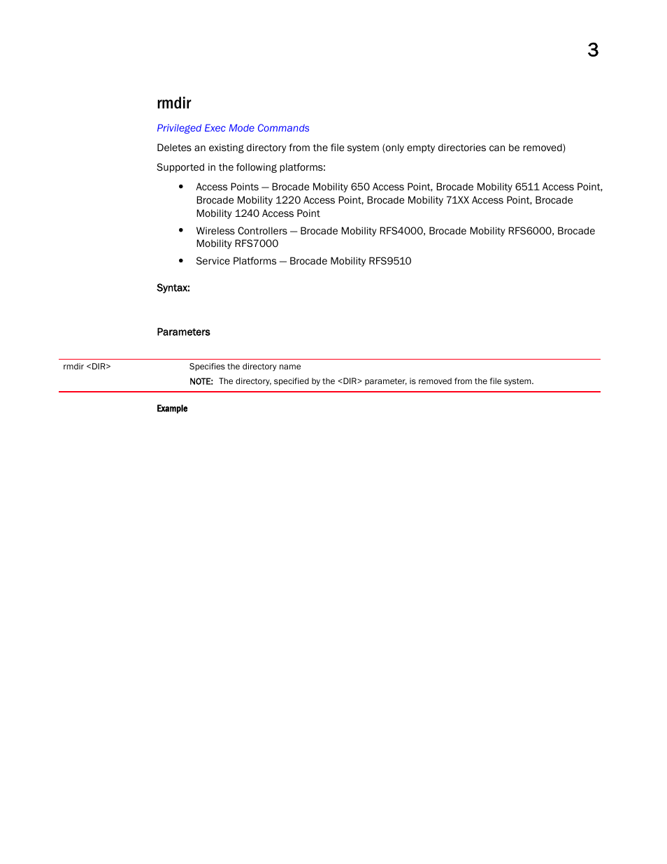 Rmdir | Brocade Mobility RFS Controller CLI Reference Guide (Supporting software release 5.5.0.0 and later) User Manual | Page 154 / 1355