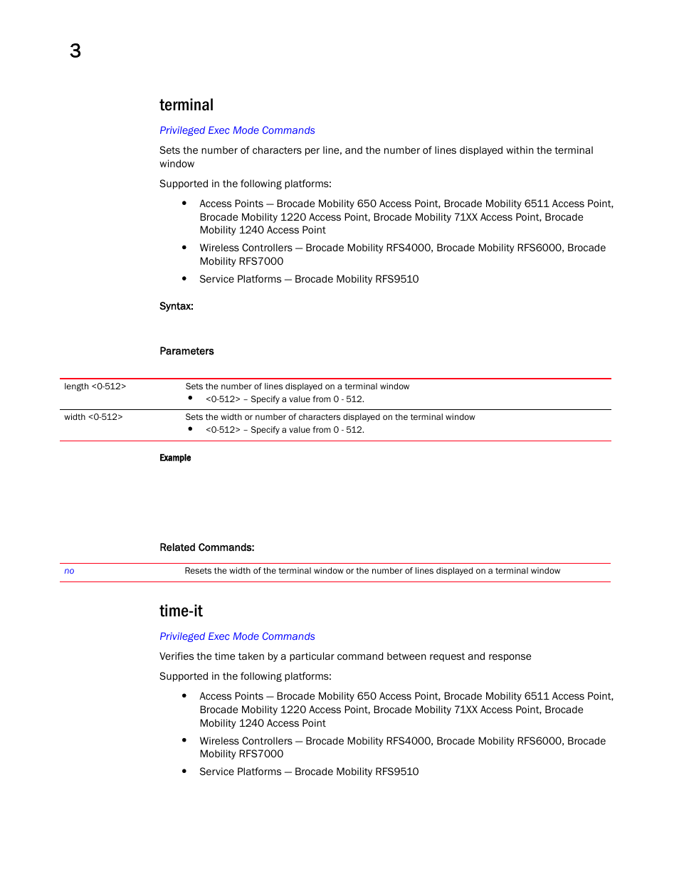 Terminal, Time-it | Brocade Mobility RFS Controller CLI Reference Guide (Supporting software release 5.5.0.0 and later) User Manual | Page 157 / 1355