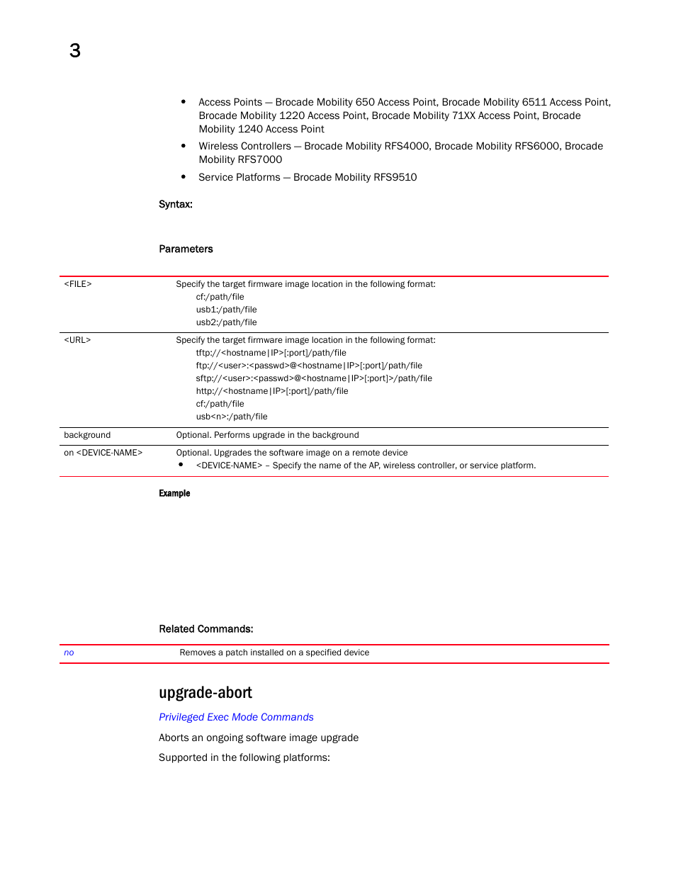 Upgrade-abort | Brocade Mobility RFS Controller CLI Reference Guide (Supporting software release 5.5.0.0 and later) User Manual | Page 159 / 1355