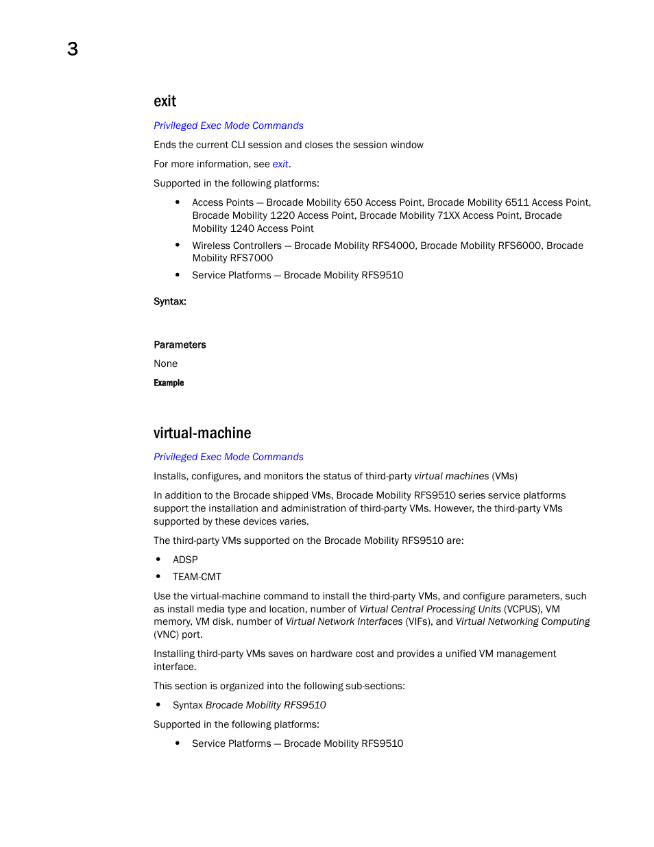 Exit, Virtual-machine | Brocade Mobility RFS Controller CLI Reference Guide (Supporting software release 5.5.0.0 and later) User Manual | Page 161 / 1355