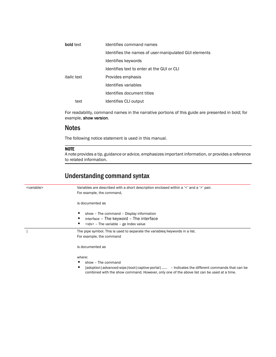 Notes, Understanding command syntax, Notes xx understanding command syntax xx | Brocade Mobility RFS Controller CLI Reference Guide (Supporting software release 5.5.0.0 and later) User Manual | Page 17 / 1355