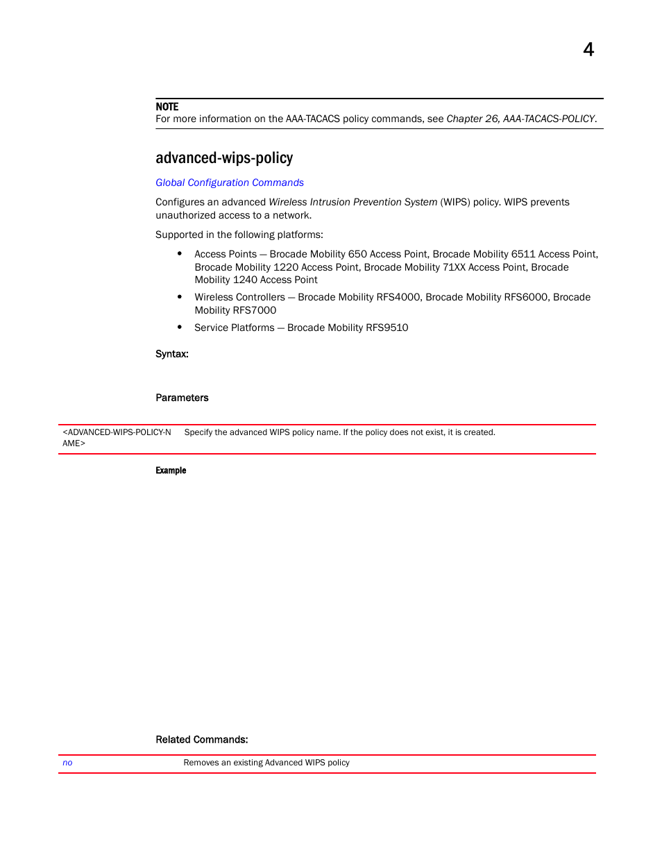 Advanced-wips-policy | Brocade Mobility RFS Controller CLI Reference Guide (Supporting software release 5.5.0.0 and later) User Manual | Page 177 / 1355