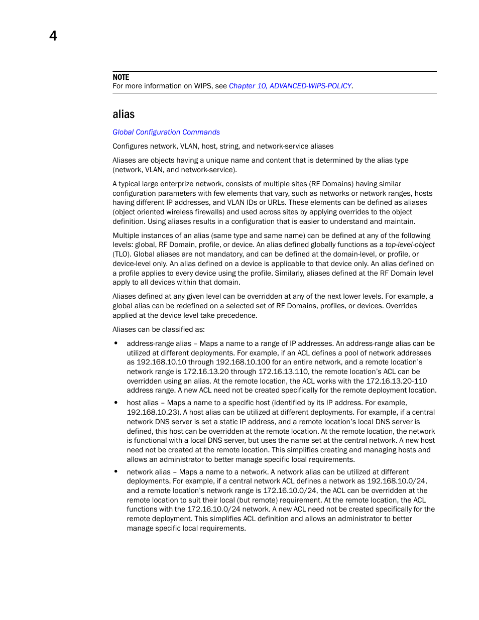 Alias | Brocade Mobility RFS Controller CLI Reference Guide (Supporting software release 5.5.0.0 and later) User Manual | Page 178 / 1355