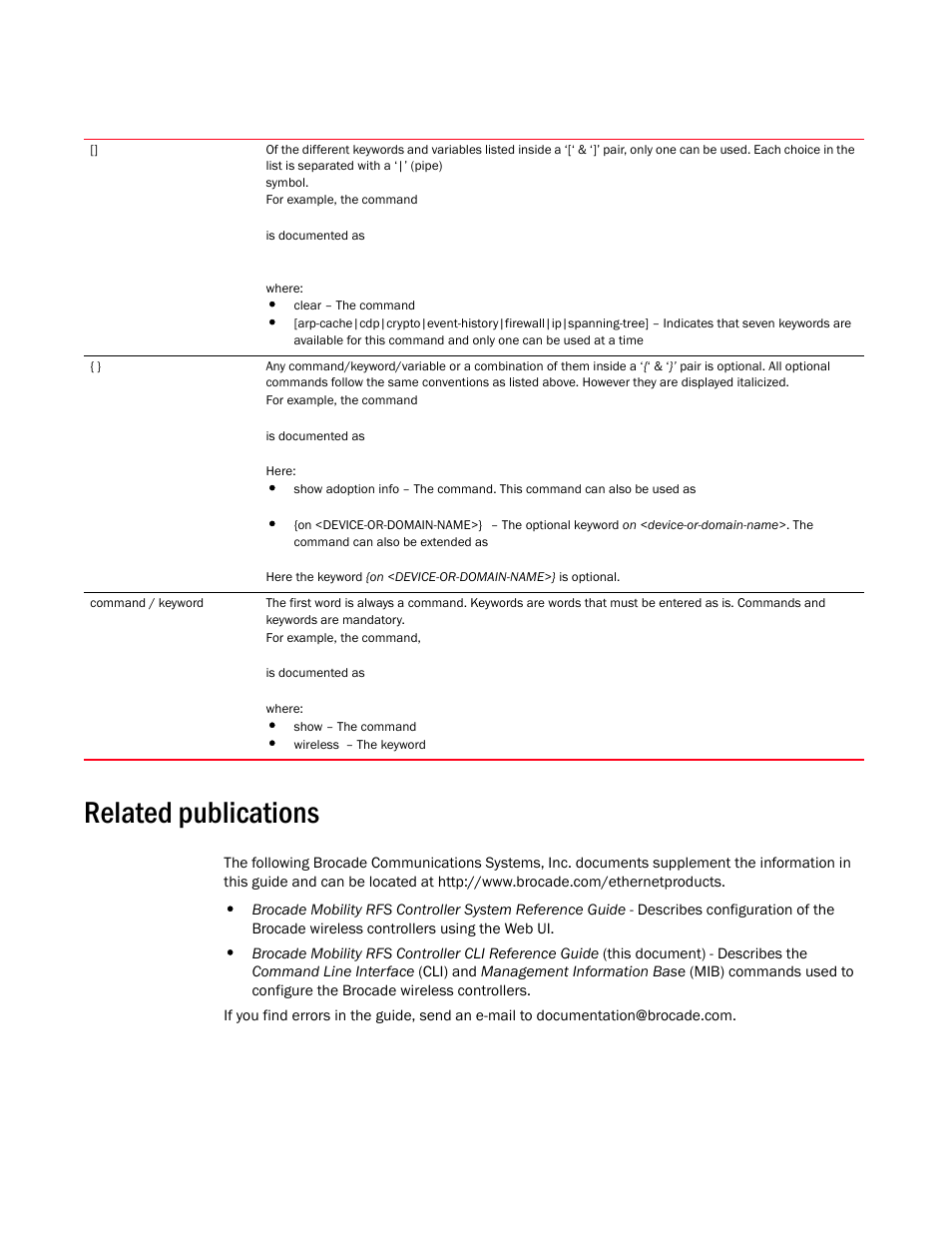 Related publications | Brocade Mobility RFS Controller CLI Reference Guide (Supporting software release 5.5.0.0 and later) User Manual | Page 18 / 1355