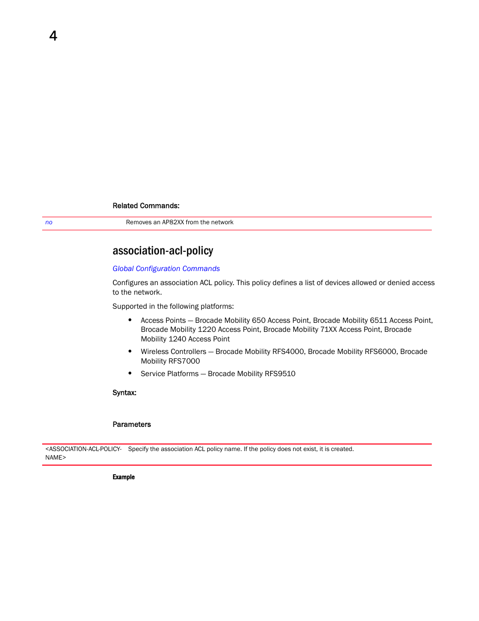 Association-acl-policy | Brocade Mobility RFS Controller CLI Reference Guide (Supporting software release 5.5.0.0 and later) User Manual | Page 190 / 1355