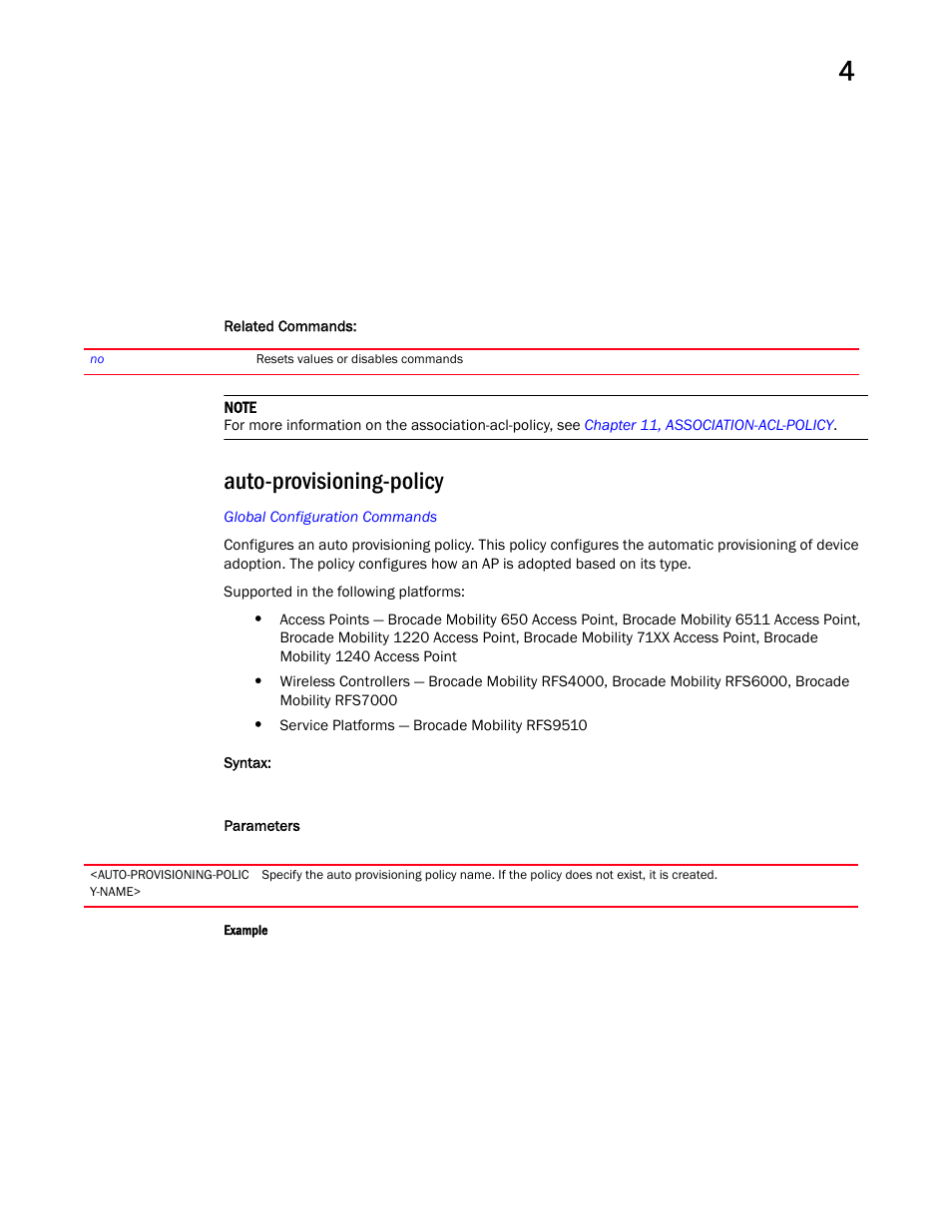 Auto-provisioning-policy, Auto-provisioning-polic y | Brocade Mobility RFS Controller CLI Reference Guide (Supporting software release 5.5.0.0 and later) User Manual | Page 191 / 1355