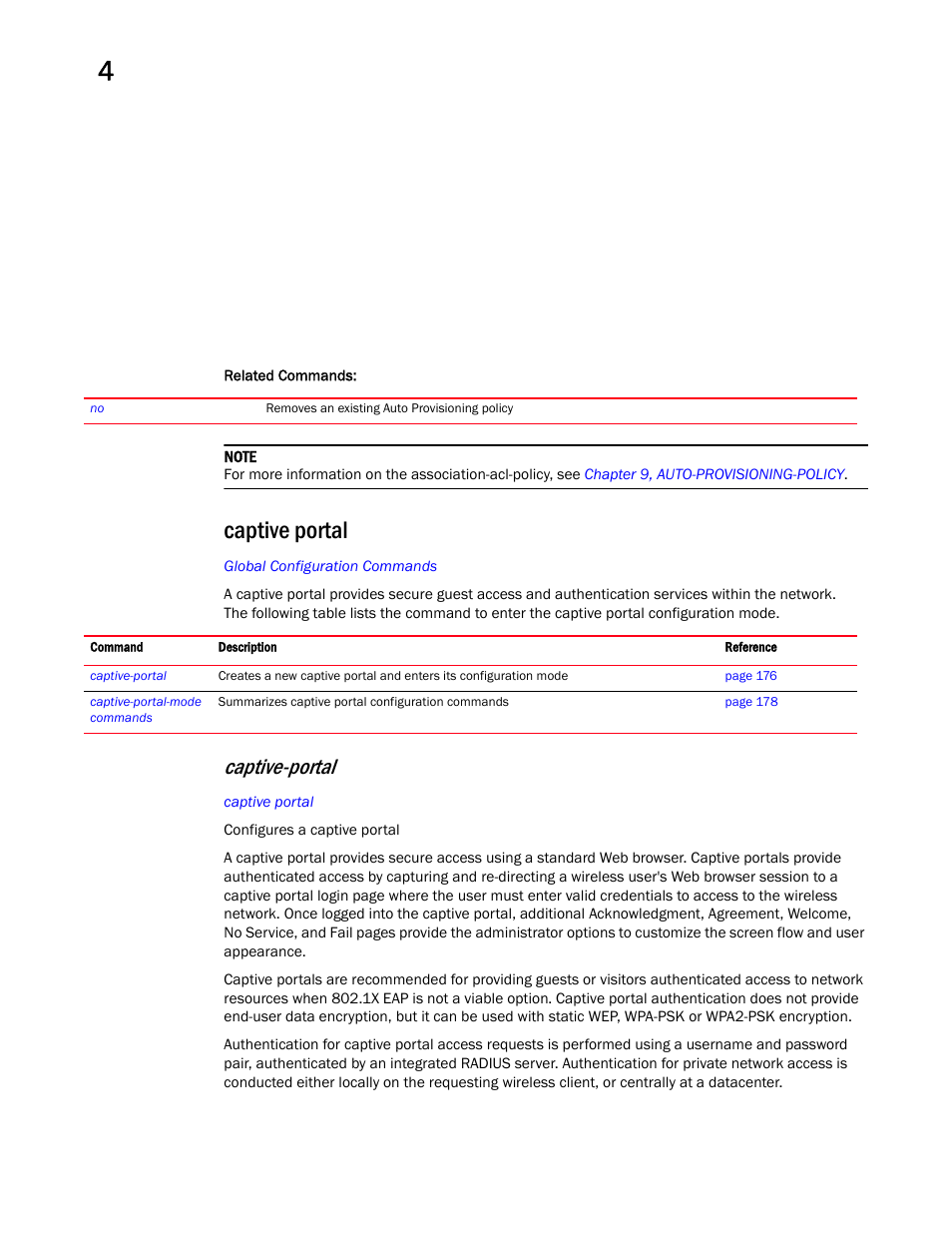 Captive portal, Captive-portal | Brocade Mobility RFS Controller CLI Reference Guide (Supporting software release 5.5.0.0 and later) User Manual | Page 192 / 1355