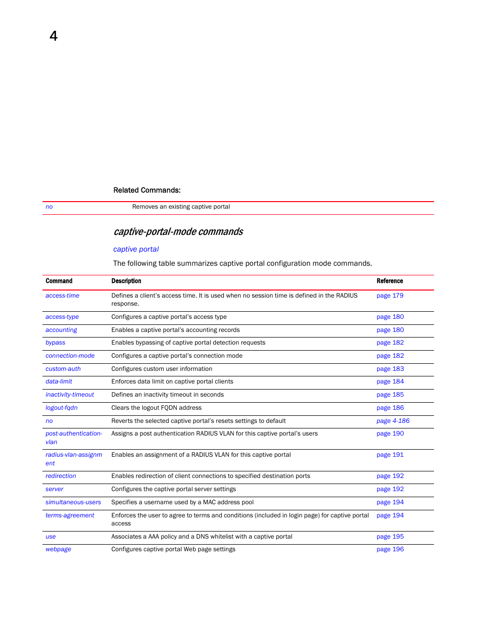 Captive-portal-mode commands | Brocade Mobility RFS Controller CLI Reference Guide (Supporting software release 5.5.0.0 and later) User Manual | Page 194 / 1355