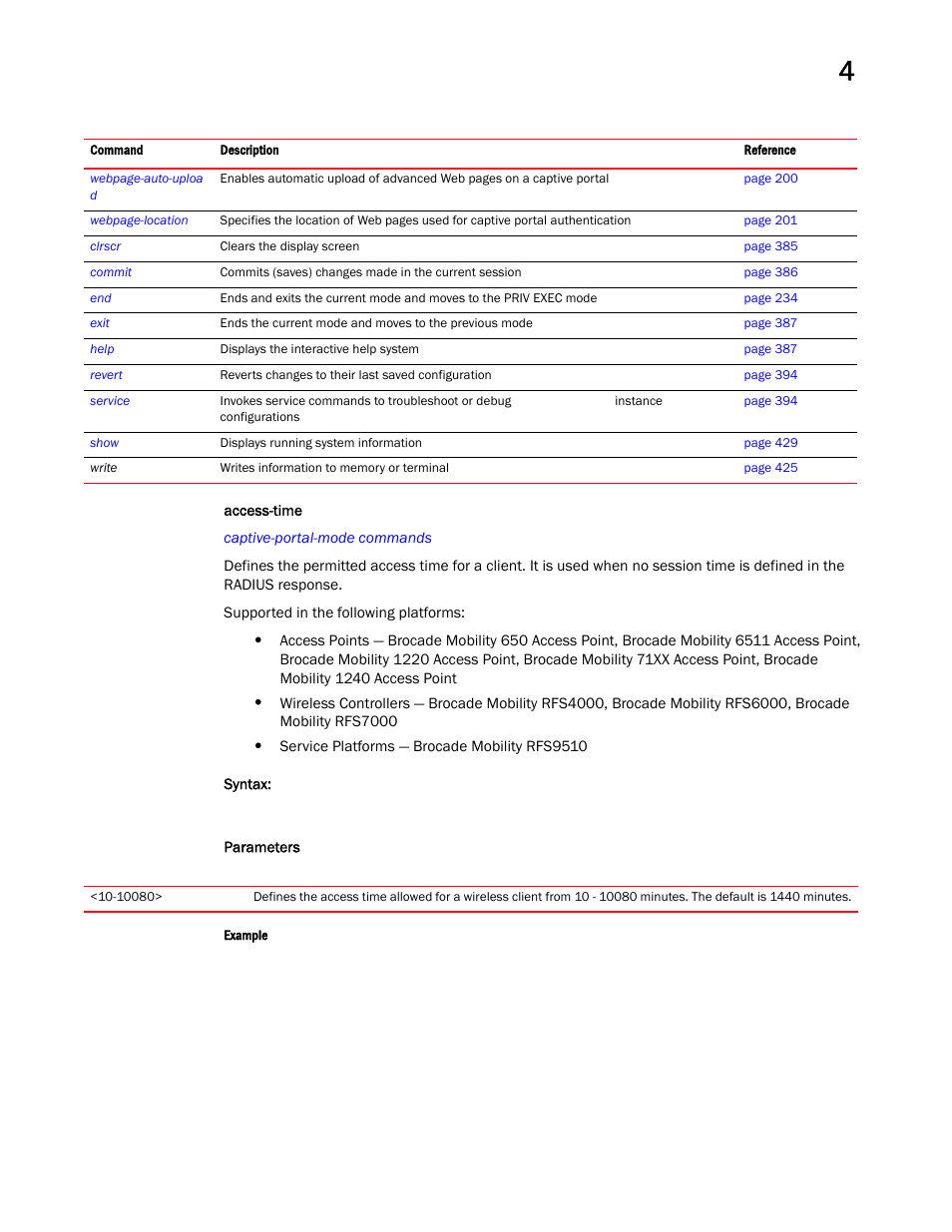 Access-time | Brocade Mobility RFS Controller CLI Reference Guide (Supporting software release 5.5.0.0 and later) User Manual | Page 195 / 1355