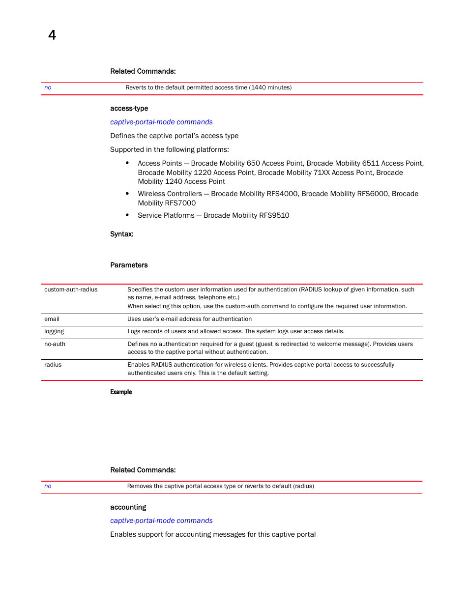 Access-type, Accounting | Brocade Mobility RFS Controller CLI Reference Guide (Supporting software release 5.5.0.0 and later) User Manual | Page 196 / 1355