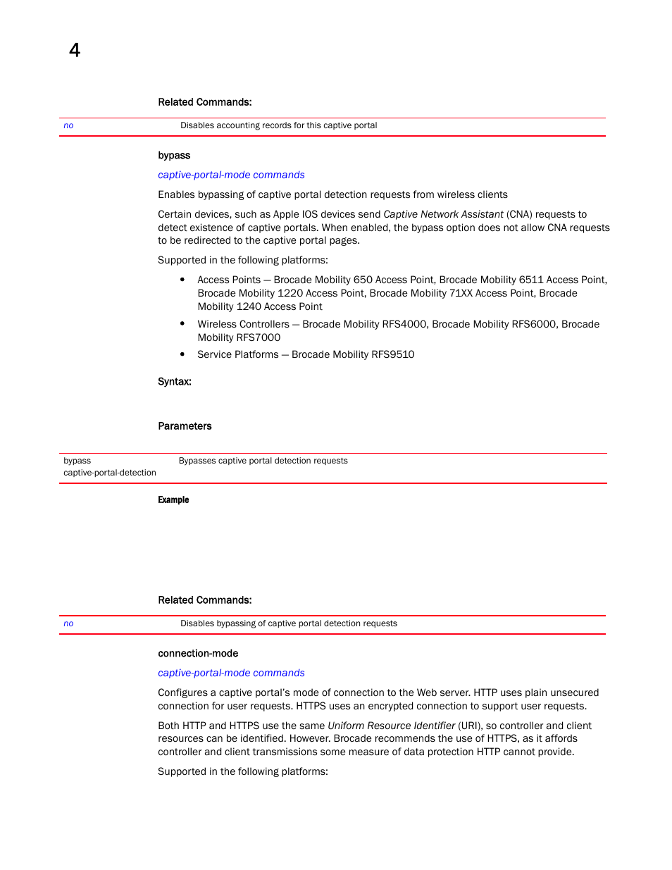 Bypass, Connection-mode | Brocade Mobility RFS Controller CLI Reference Guide (Supporting software release 5.5.0.0 and later) User Manual | Page 198 / 1355