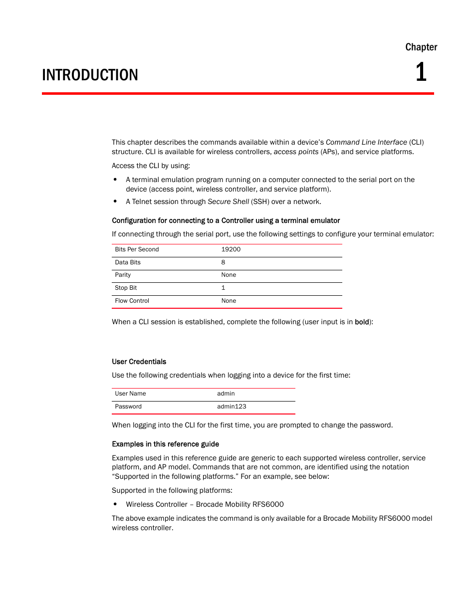 Introduction, Chapter 1, Chapter | Brocade Mobility RFS Controller CLI Reference Guide (Supporting software release 5.5.0.0 and later) User Manual | Page 20 / 1355