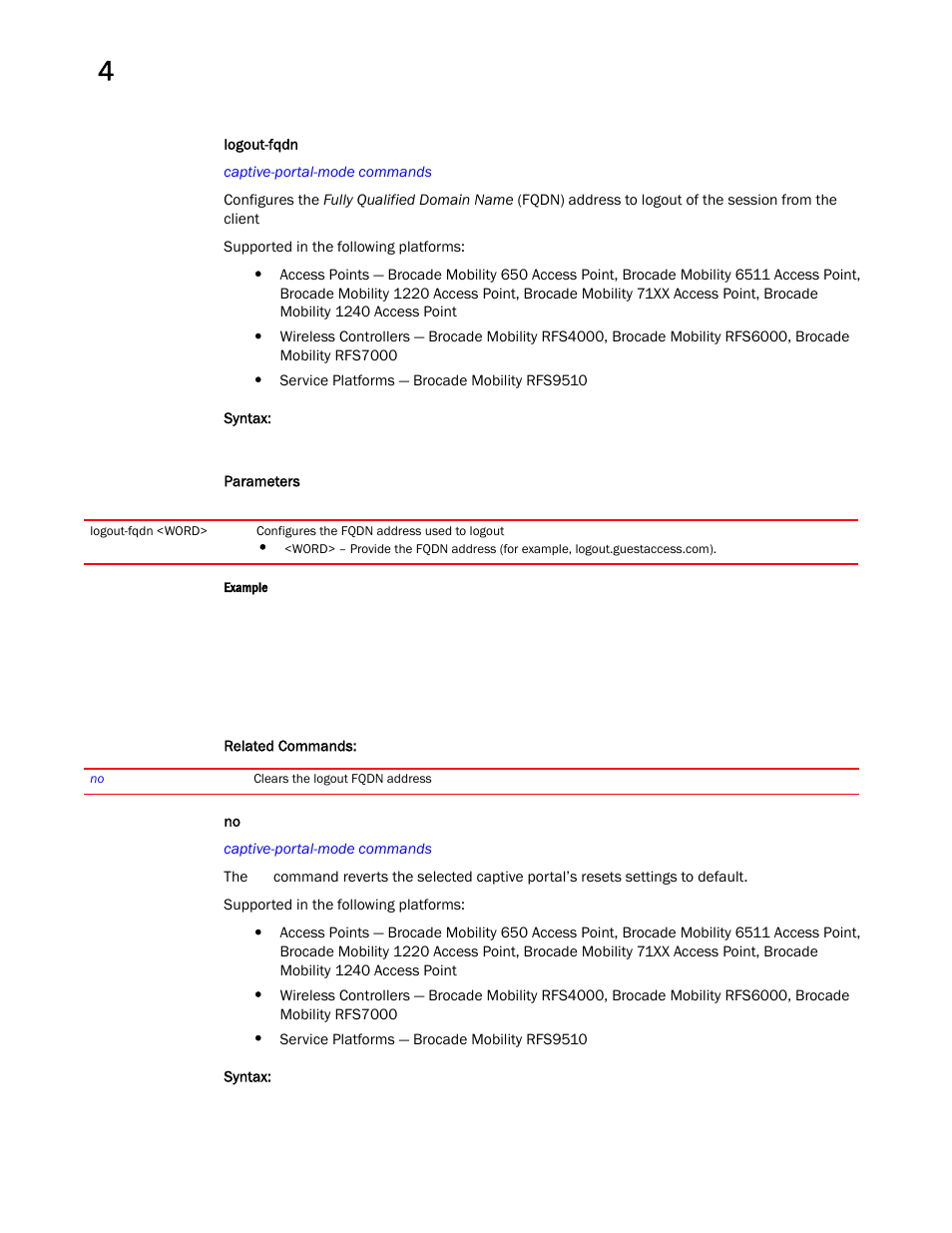 Logout-fqdn | Brocade Mobility RFS Controller CLI Reference Guide (Supporting software release 5.5.0.0 and later) User Manual | Page 202 / 1355