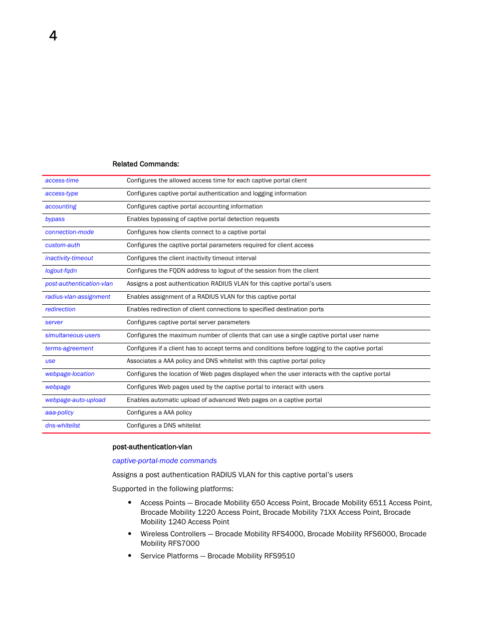 Post-authentication- vlan | Brocade Mobility RFS Controller CLI Reference Guide (Supporting software release 5.5.0.0 and later) User Manual | Page 206 / 1355