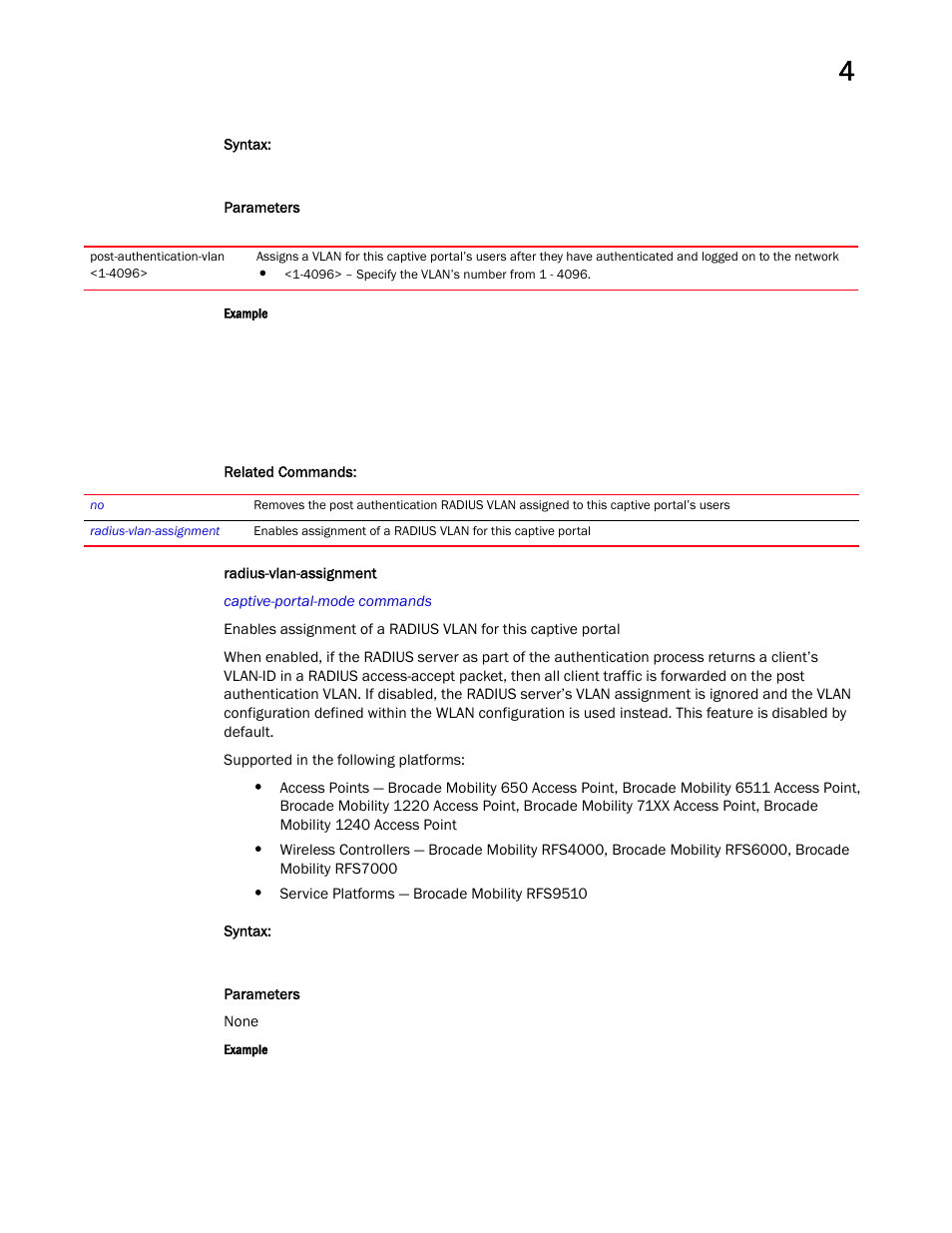 Radius-vlan-assignm ent, Radius-vlan-assignment | Brocade Mobility RFS Controller CLI Reference Guide (Supporting software release 5.5.0.0 and later) User Manual | Page 207 / 1355