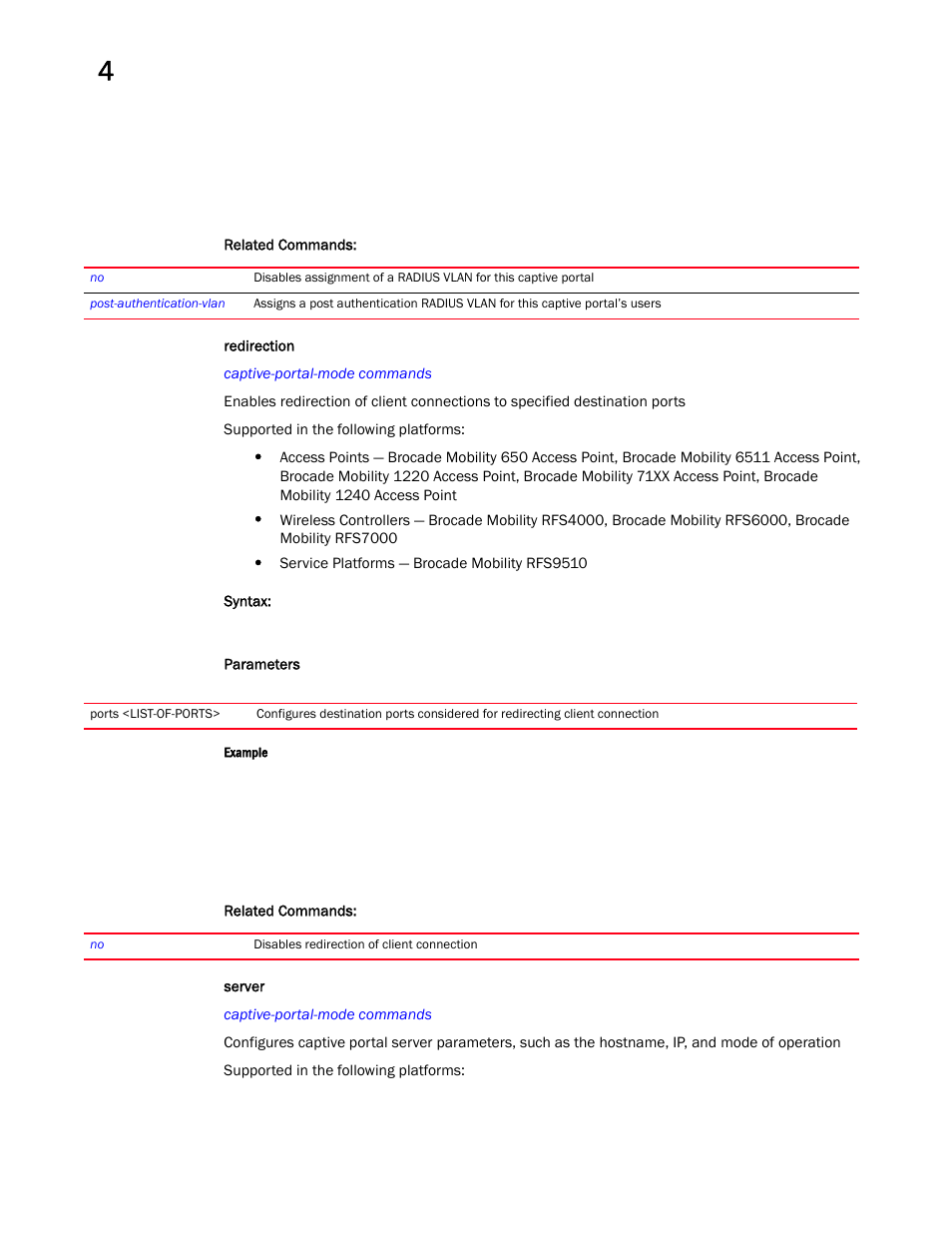 Redirection, Server | Brocade Mobility RFS Controller CLI Reference Guide (Supporting software release 5.5.0.0 and later) User Manual | Page 208 / 1355