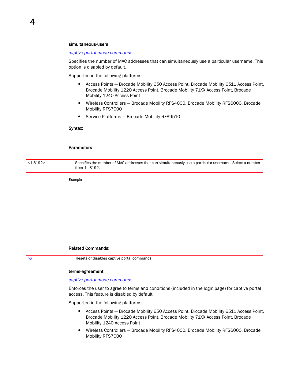 Simultaneous-users, Terms-agreement | Brocade Mobility RFS Controller CLI Reference Guide (Supporting software release 5.5.0.0 and later) User Manual | Page 210 / 1355