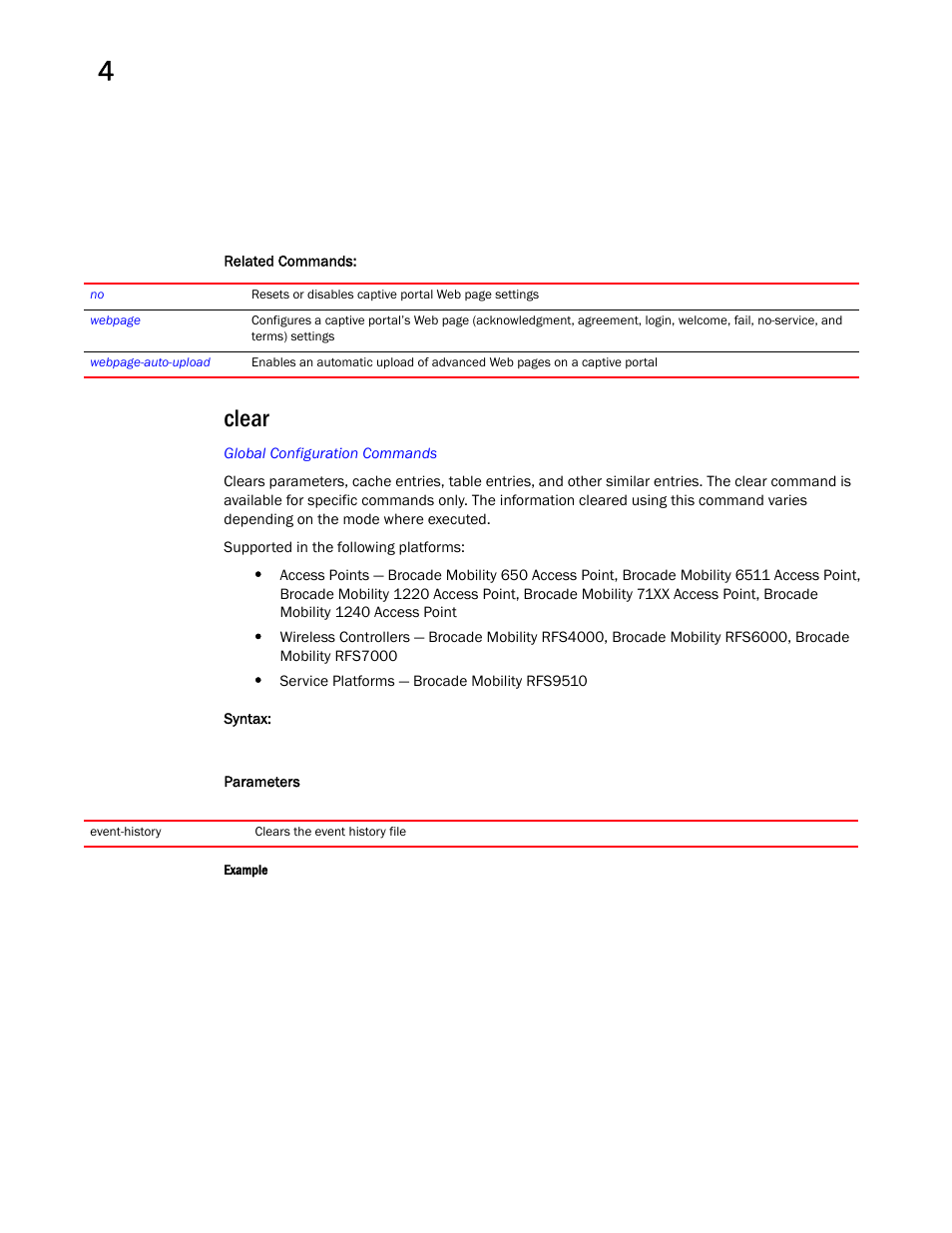 Clear | Brocade Mobility RFS Controller CLI Reference Guide (Supporting software release 5.5.0.0 and later) User Manual | Page 218 / 1355