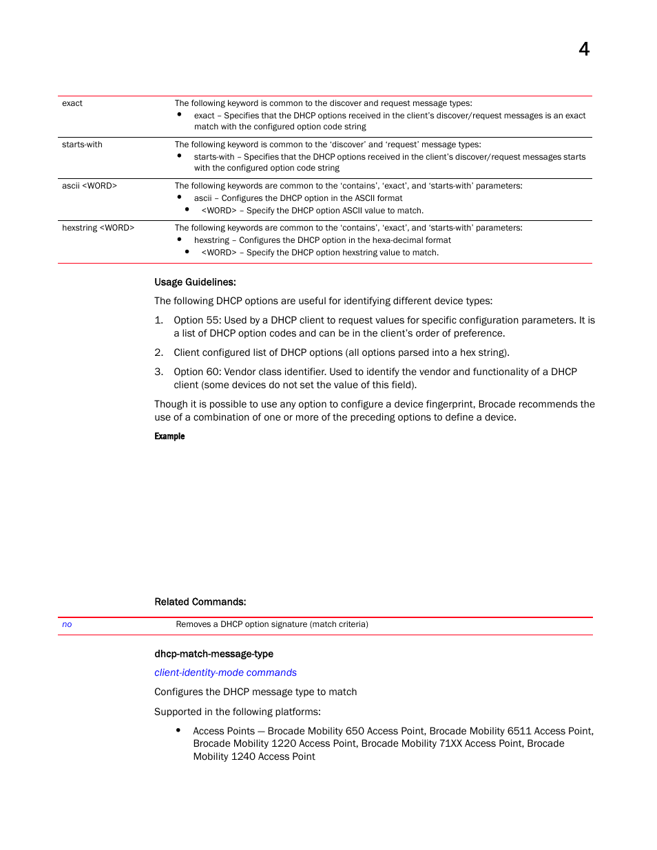 Dhcp-match-messag e-type | Brocade Mobility RFS Controller CLI Reference Guide (Supporting software release 5.5.0.0 and later) User Manual | Page 223 / 1355