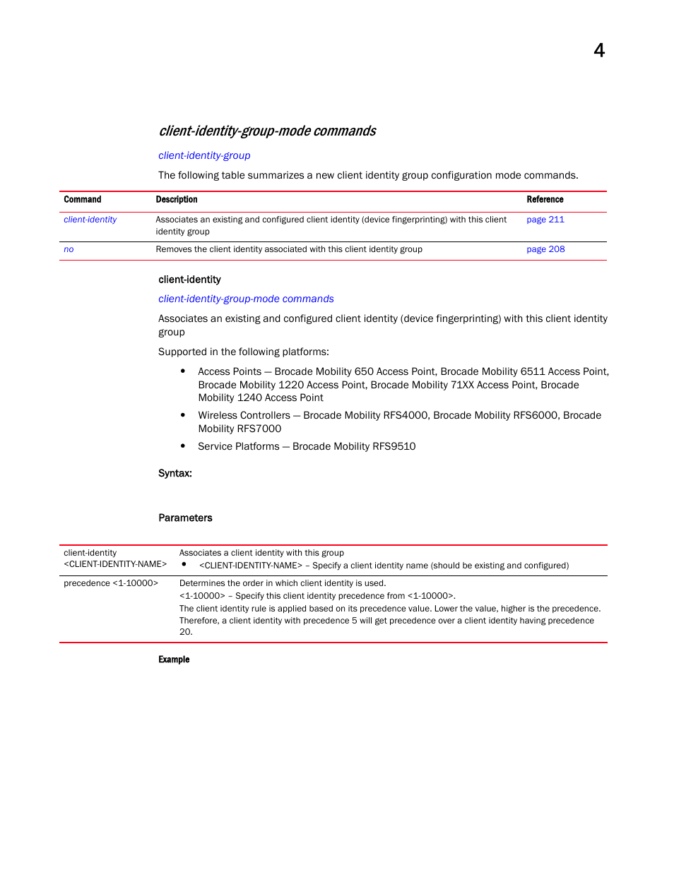 Client-identity-group- mode commands, Client-identity-group-mode commands | Brocade Mobility RFS Controller CLI Reference Guide (Supporting software release 5.5.0.0 and later) User Manual | Page 227 / 1355