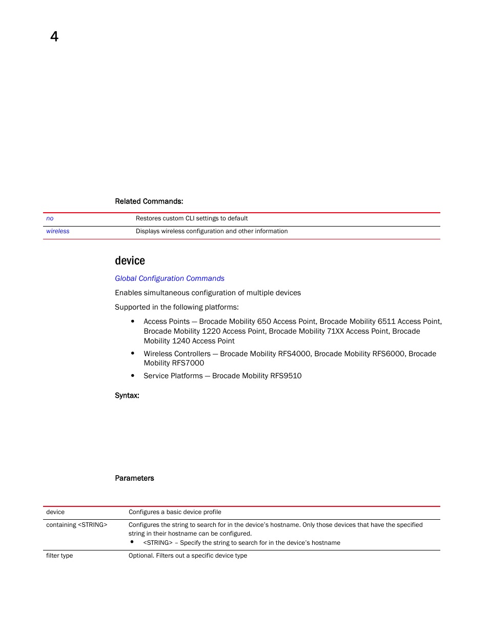 Device | Brocade Mobility RFS Controller CLI Reference Guide (Supporting software release 5.5.0.0 and later) User Manual | Page 240 / 1355