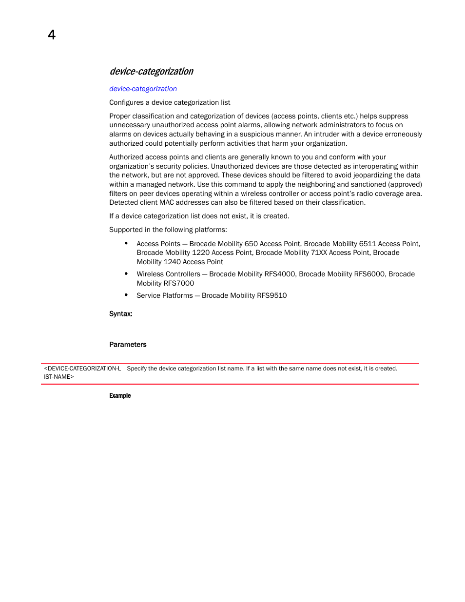 Device-categorization | Brocade Mobility RFS Controller CLI Reference Guide (Supporting software release 5.5.0.0 and later) User Manual | Page 242 / 1355