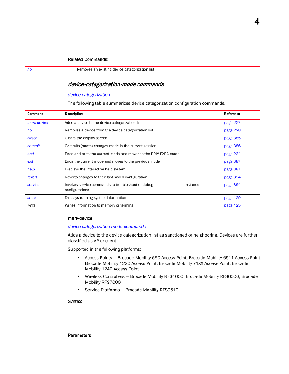 Device-categorization-mode commands | Brocade Mobility RFS Controller CLI Reference Guide (Supporting software release 5.5.0.0 and later) User Manual | Page 243 / 1355