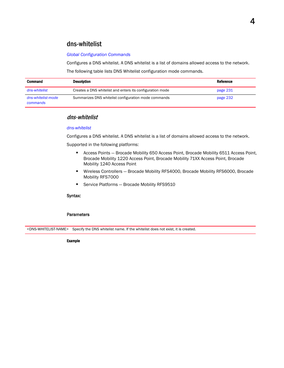 Dns-whitelist, Chapter 4, dns-whitelist | Brocade Mobility RFS Controller CLI Reference Guide (Supporting software release 5.5.0.0 and later) User Manual | Page 247 / 1355