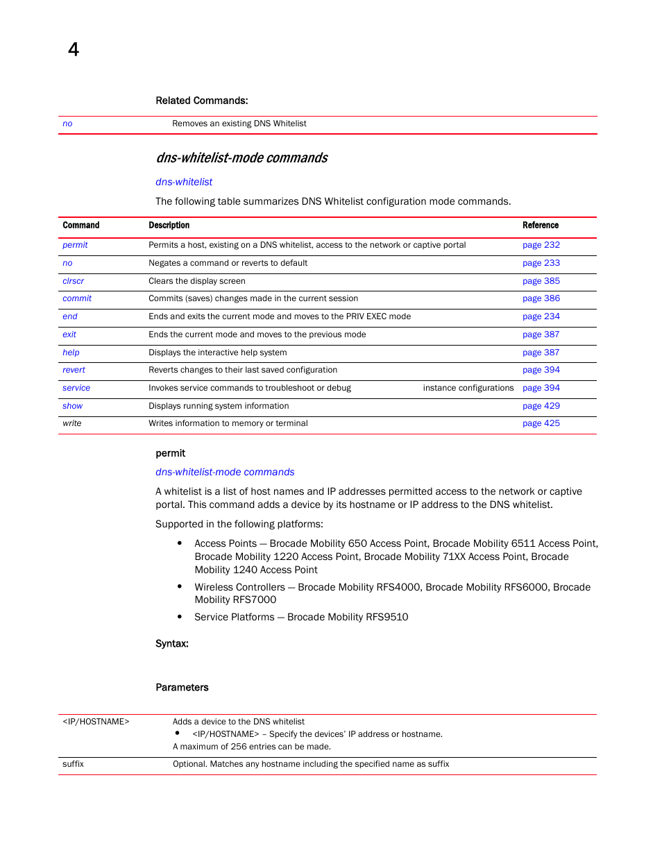 Dns-whitelist-mode commands | Brocade Mobility RFS Controller CLI Reference Guide (Supporting software release 5.5.0.0 and later) User Manual | Page 248 / 1355