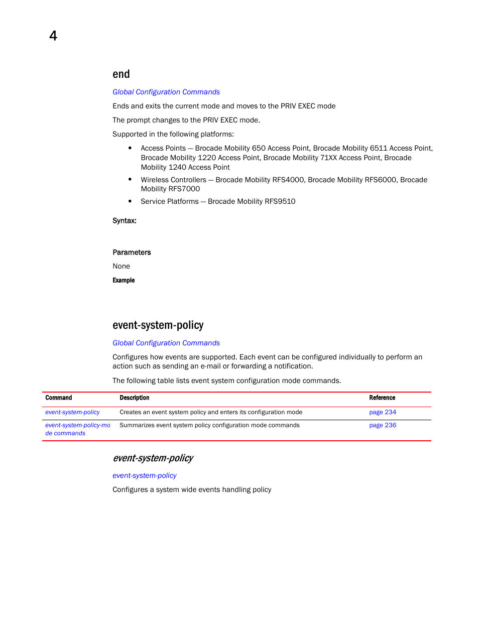 Event-system-policy | Brocade Mobility RFS Controller CLI Reference Guide (Supporting software release 5.5.0.0 and later) User Manual | Page 250 / 1355