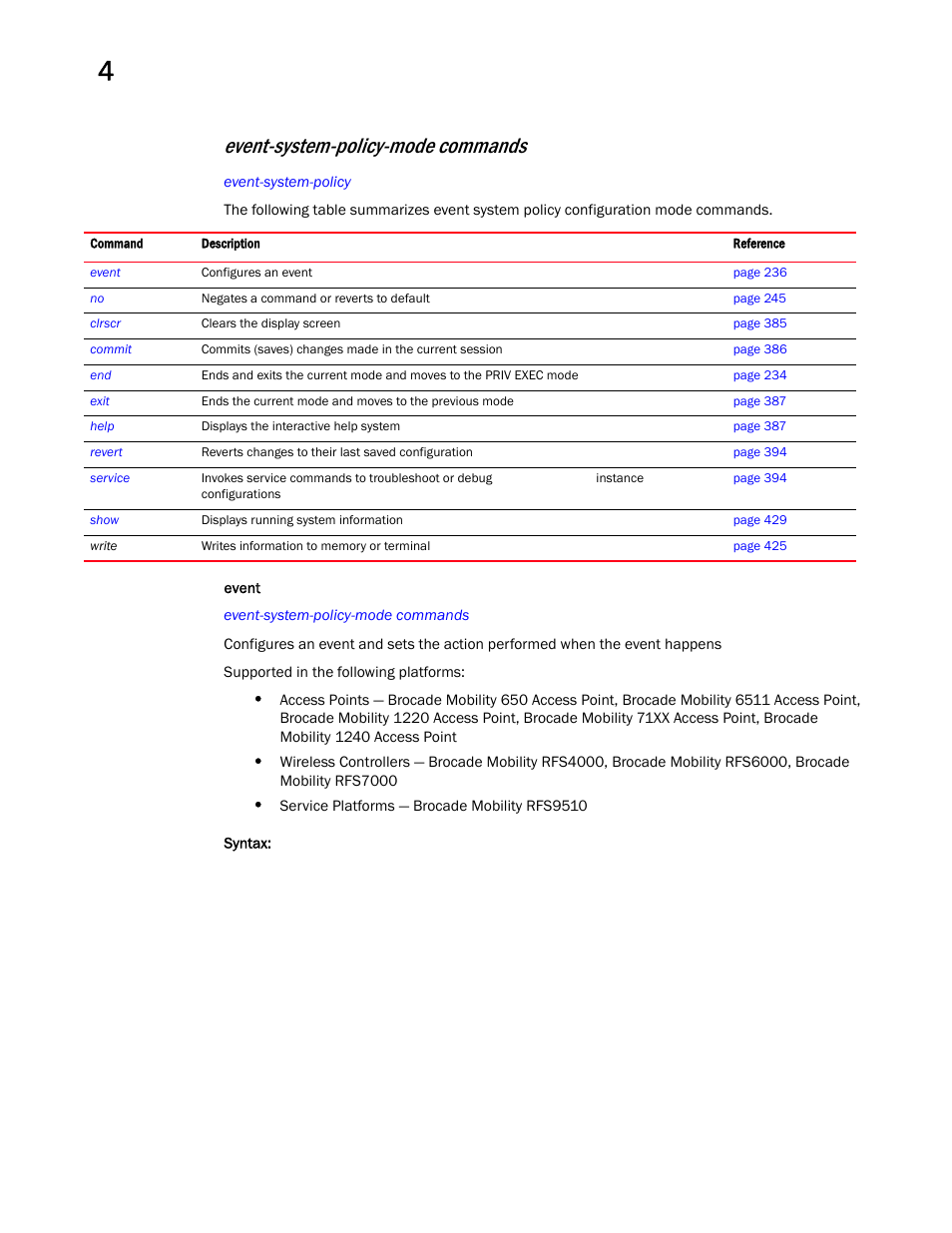 Event-system-policy-mo de commands, Event-system-policy-mode commands | Brocade Mobility RFS Controller CLI Reference Guide (Supporting software release 5.5.0.0 and later) User Manual | Page 252 / 1355