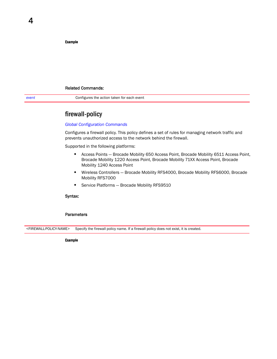 Firewall-policy | Brocade Mobility RFS Controller CLI Reference Guide (Supporting software release 5.5.0.0 and later) User Manual | Page 262 / 1355