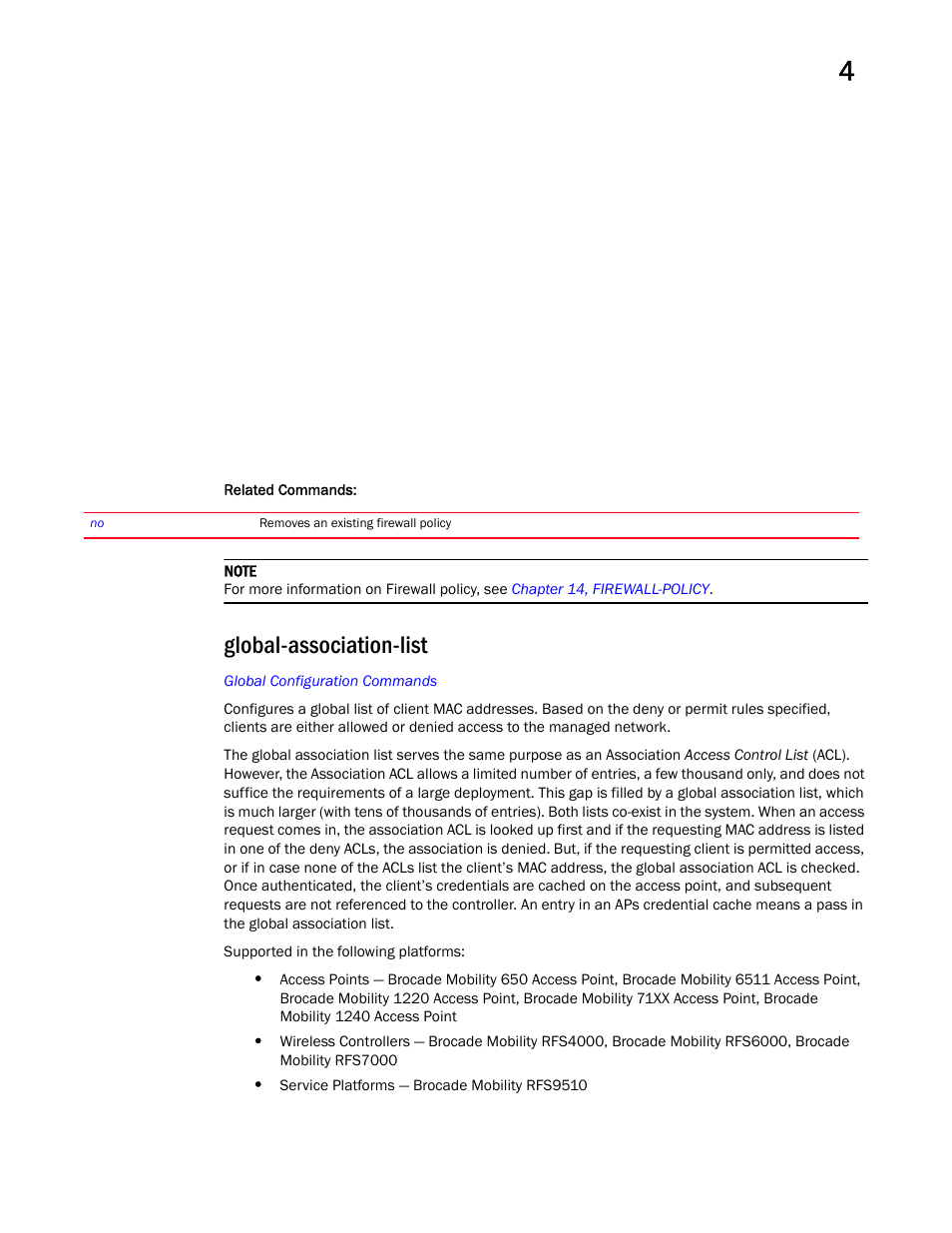 Global-association-list | Brocade Mobility RFS Controller CLI Reference Guide (Supporting software release 5.5.0.0 and later) User Manual | Page 263 / 1355